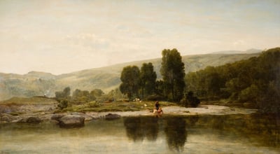 Painting of scenery with a focus on trees and a lake